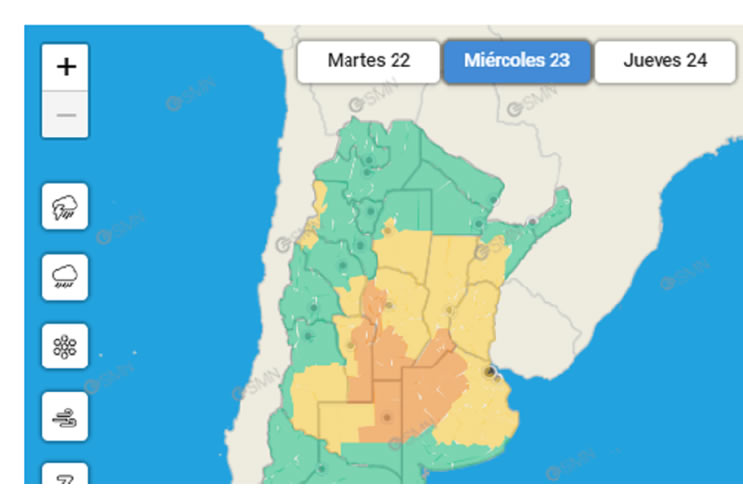 El SMN emitió un alerta amarilla para Entre Ríos para este miércoles 23